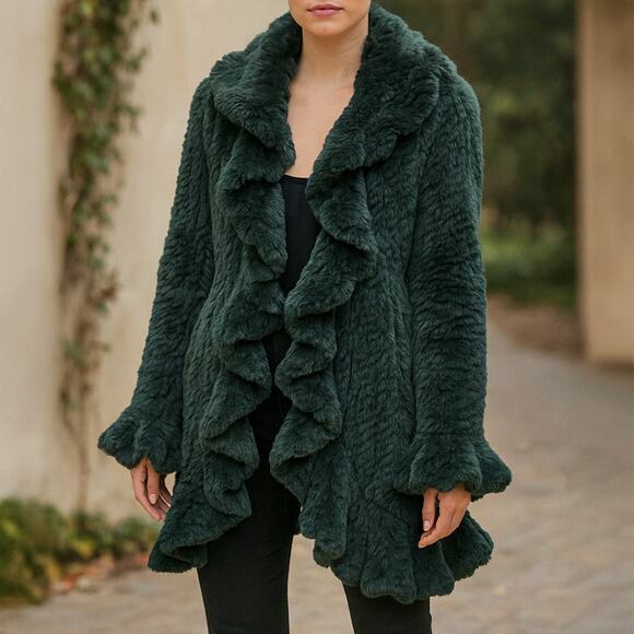 Linda Richards Luxury Green Genuine Rabbit Fur Ruffle Trim Coat - Picture 1 of 6